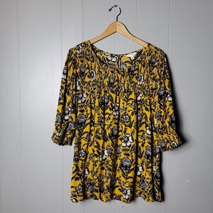 TERRA & SKY BOLD YELLOW BLUE FLORAL PEASANT BLOUSE SMOCKED COLLAR WOMENS 3X
